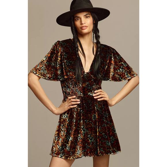 NWT By Anthropologie Short-Sleeve Velvet Mini Dress  $188 Medium Brown - Picture 1 of 5